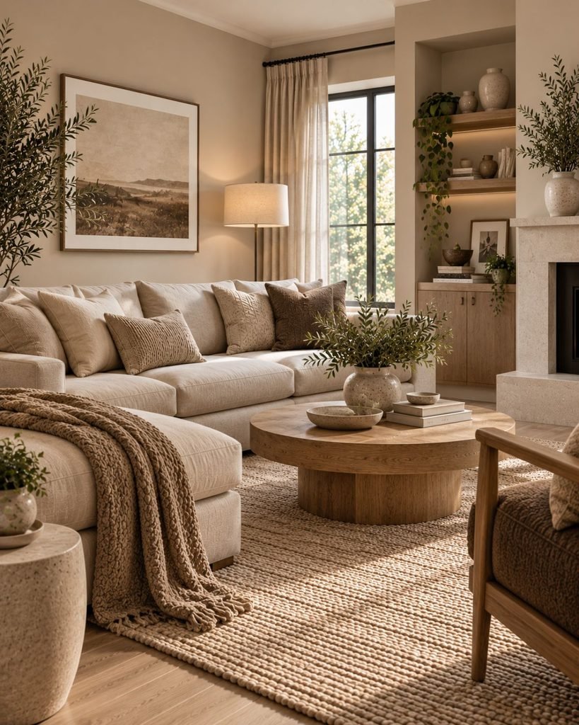 Tonal neutral living room layered with pale sand, taupe, and deeper brown tones in the same warm color family