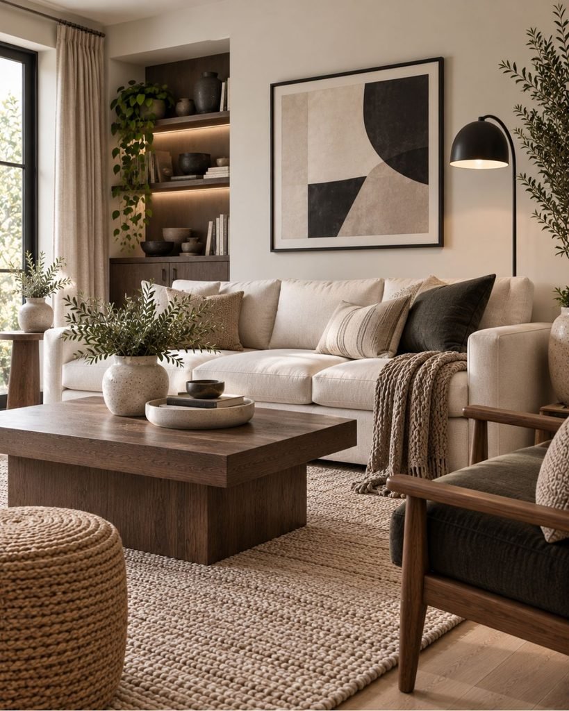 Neutral living room with pale upholstery, warm wood, and deeper charcoal and brown accents creating visual contrast
