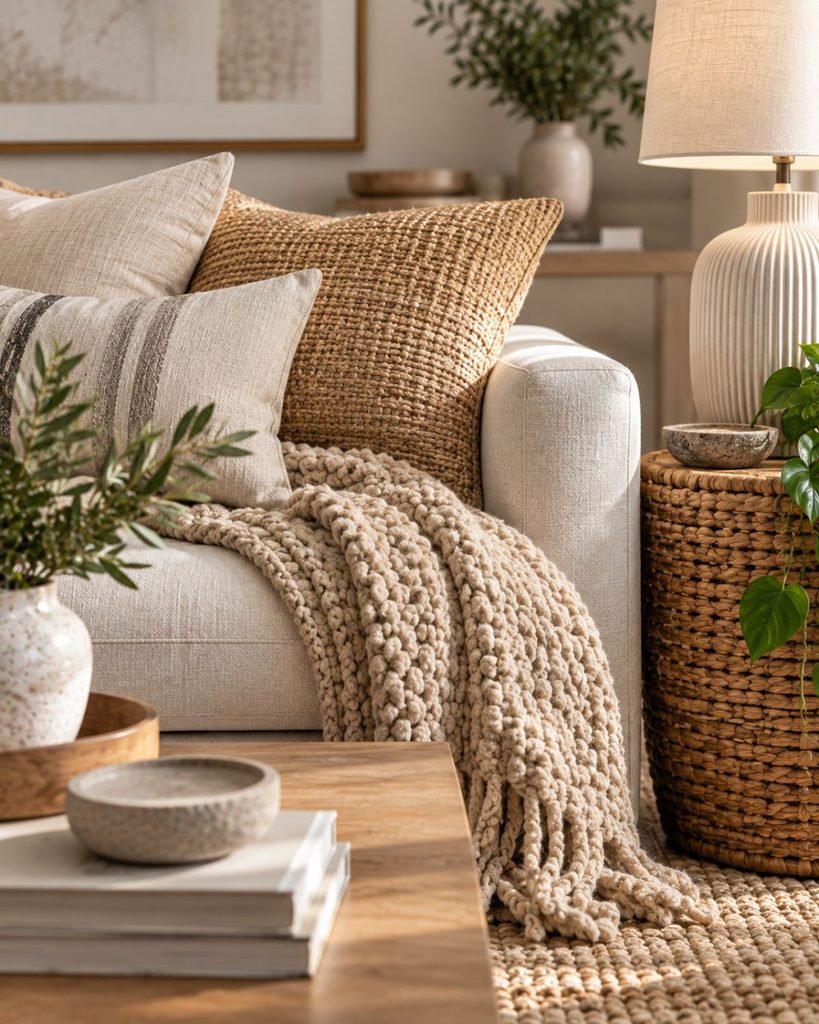 Neutral living room detail showing layered linen, wool, woven fiber, wood, and ceramic textures