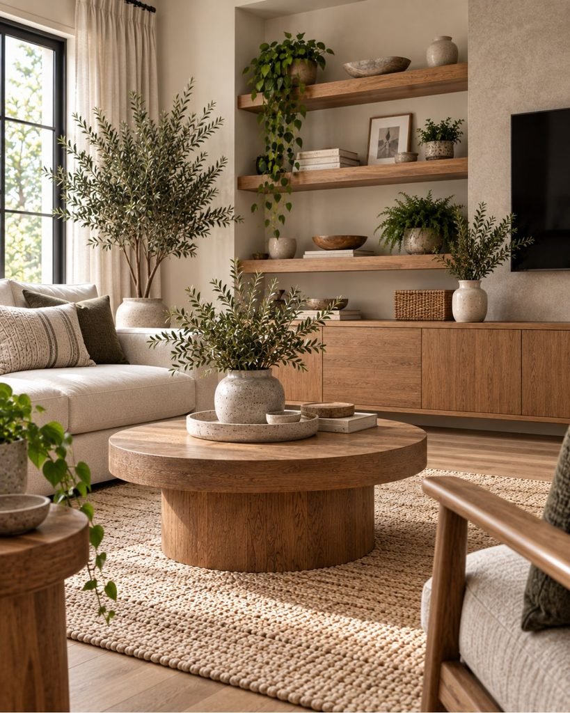 Neutral living room combining coordinated warm wood tones with subtle natural variation across the furniture