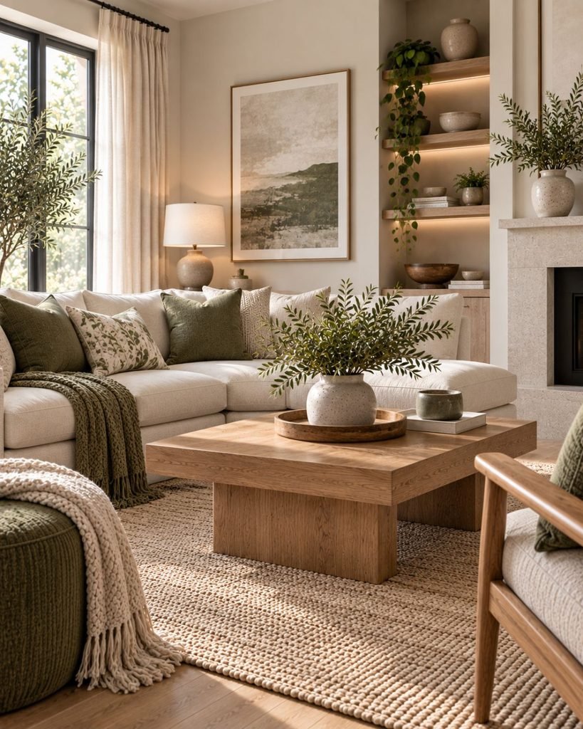 Neutral living room with a restrained sage green accent used in cushions and a small decorative object