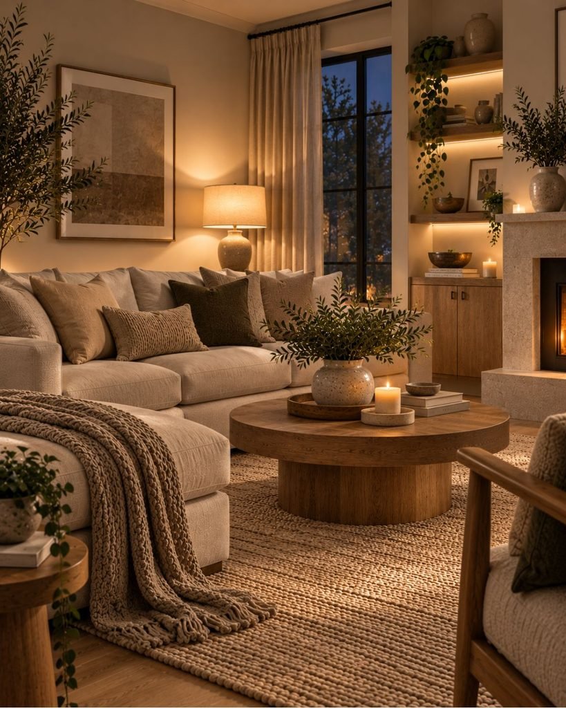 Neutral living room at night with layered floor and table lighting highlighting textured upholstery and a wool rug