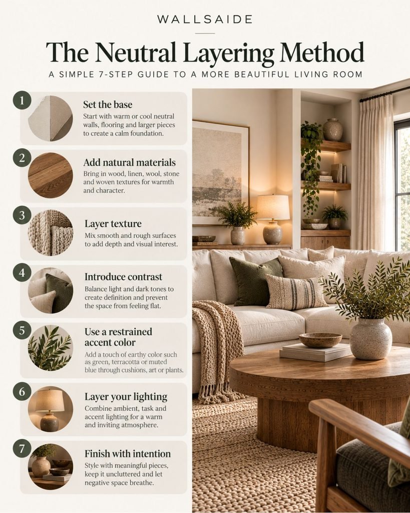 Wallsaide seven-step Neutral Layering Method for building tone, materials, texture, contrast, accent color, and lighting