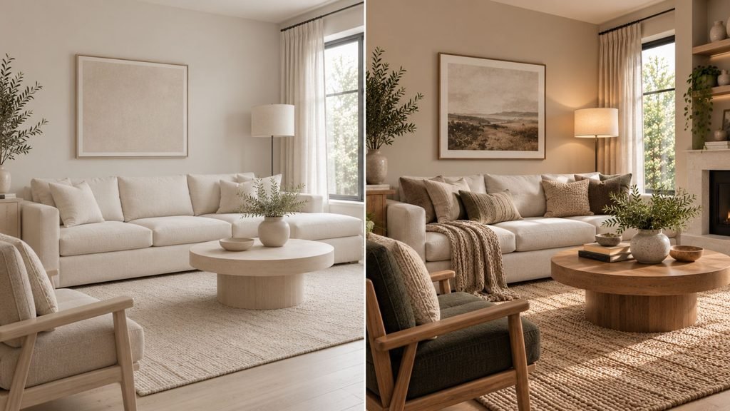 Same neutral living room compared with flat single-tone styling and layered styling using texture, contrast, wood, and lighting