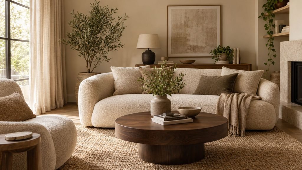 Warm beige living room ideas with a bouclé sofa, jute rug, dark walnut coffee table, and layered linen textiles