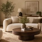 Warm beige living room ideas with layered neutral textures, natural wood furniture, and soft ambient lighting