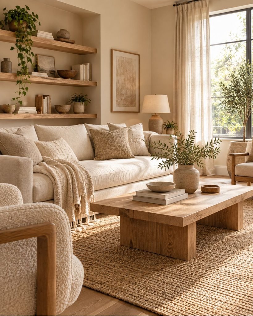 A warm beige living room with visible natural oak wood grain, an oatmeal linen sofa, and a woven natural-fiber rug