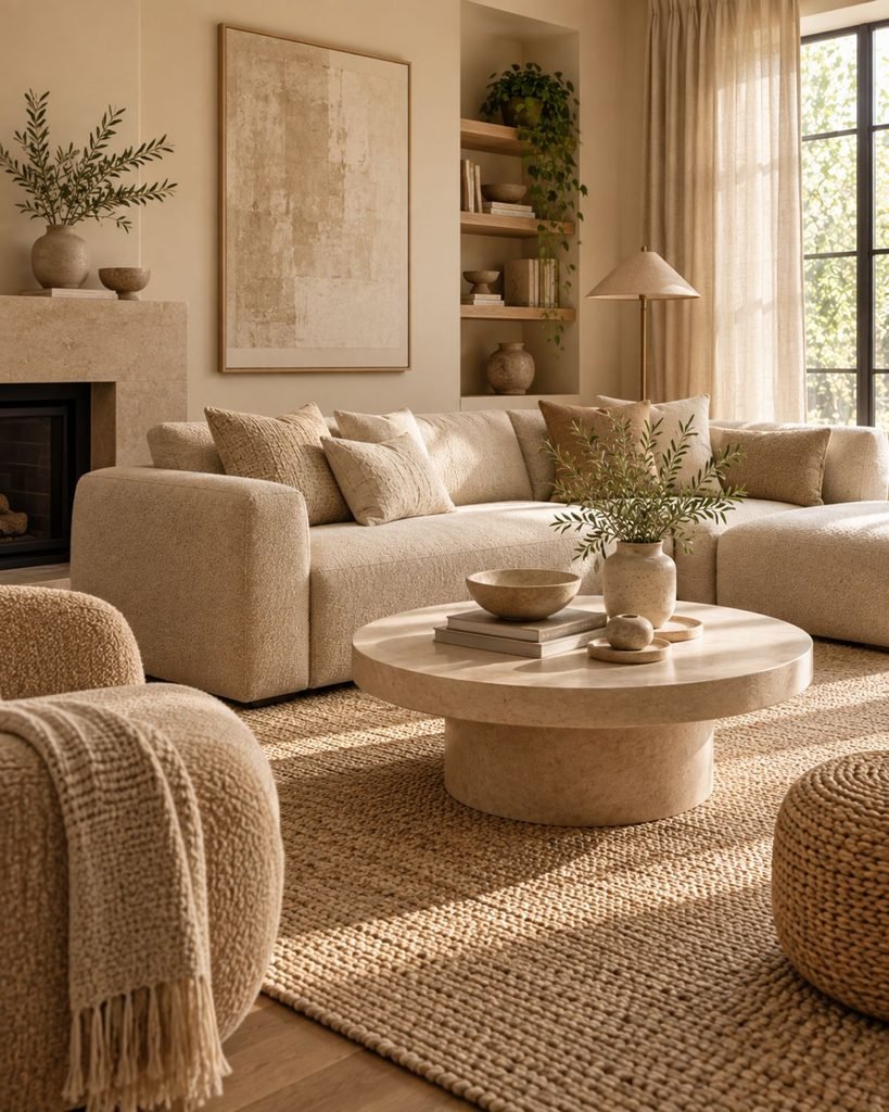 A monochromatic beige living room built within one warm tonal family, layered with bouclé, linen, and wool textures