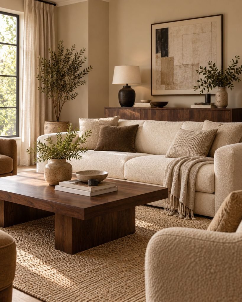 A beige living room with a cream bouclé sofa set against a dark walnut sideboard and coffee table