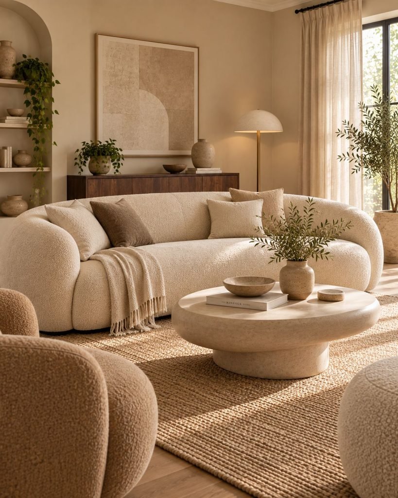 A contemporary beige living room with a curved, rounded-arm sofa and a sculptural coffee table