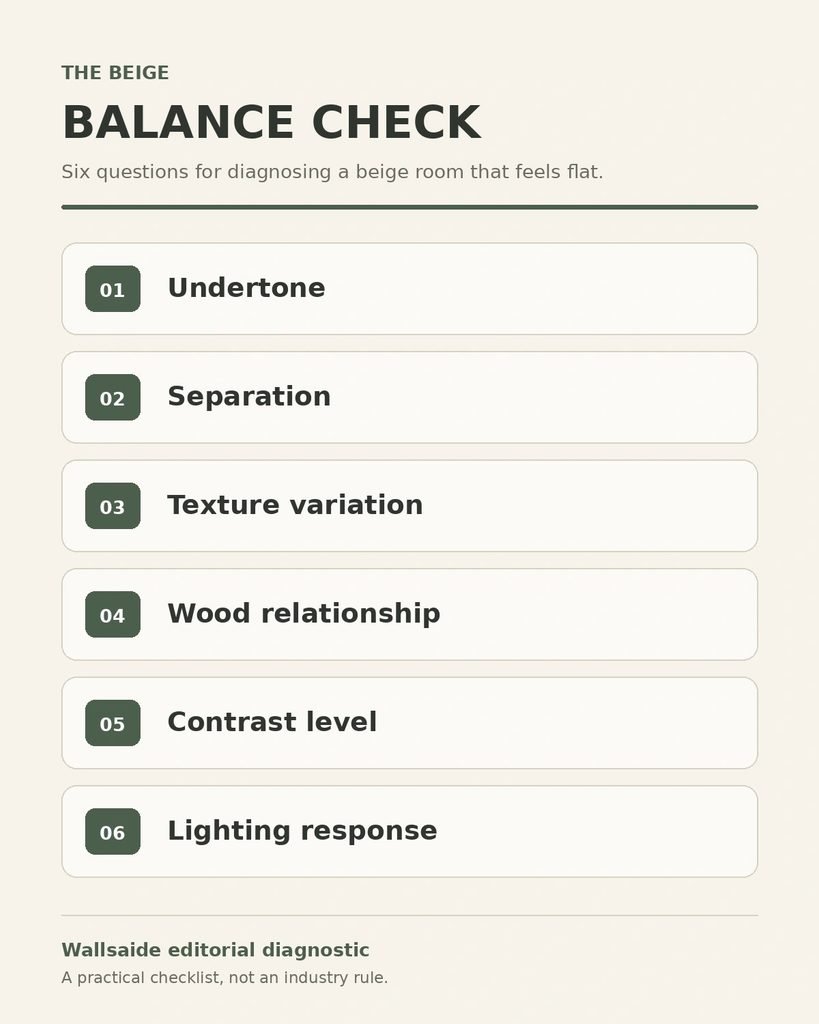 Infographic listing Wallsaide's six-item Beige Balance Check, from undertone and separation to lighting response