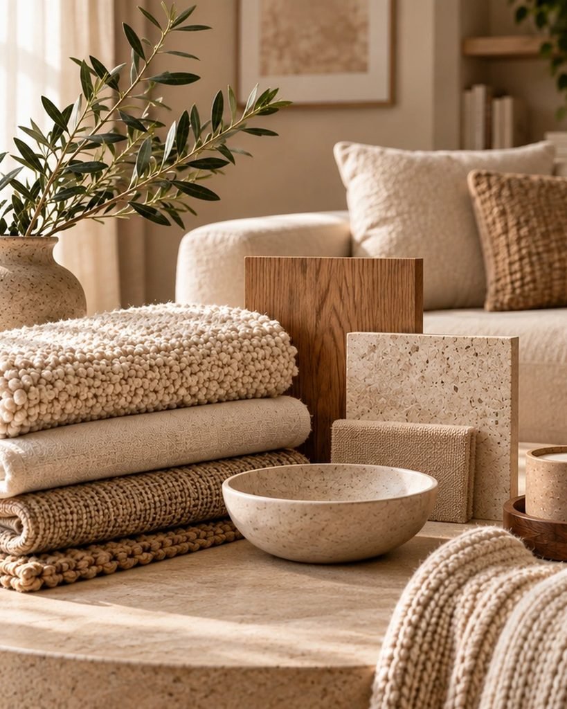 A close vignette of a beige living room showing bouclé, linen, wool, wood, and stone textures layered together