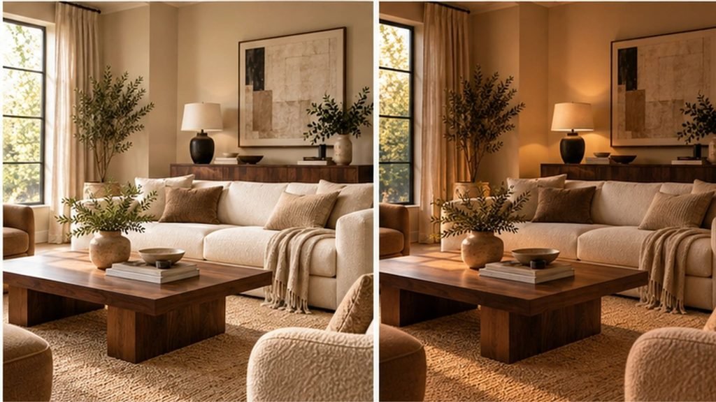 The same beige living room compared in natural daylight and evening artificial lighting