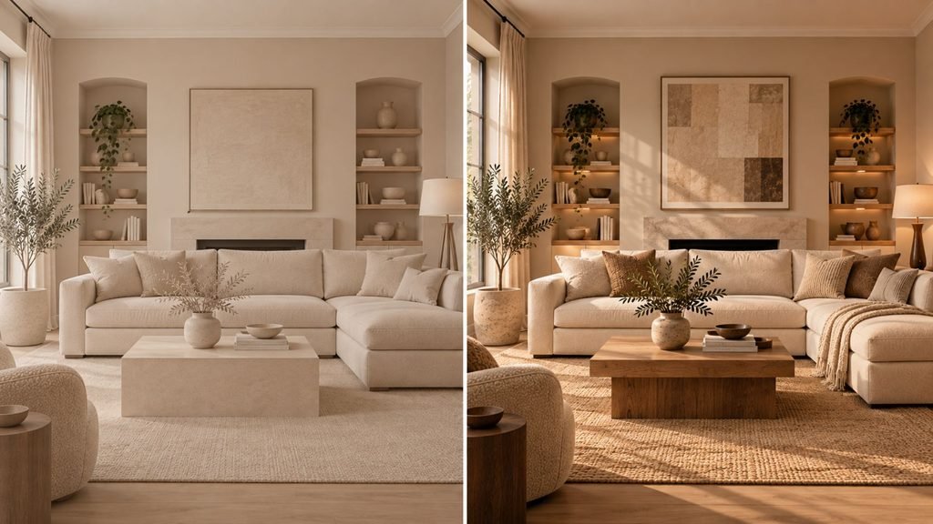 Comparison of the same beige living room with flat single-tone styling and balanced styling using tonal separation, texture, wood, and contrast