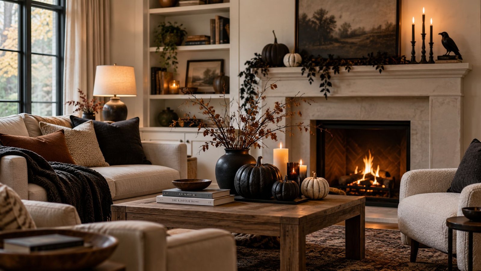 Halloween decor ideas in a warm living room with black pumpkins, dried branches, and candles