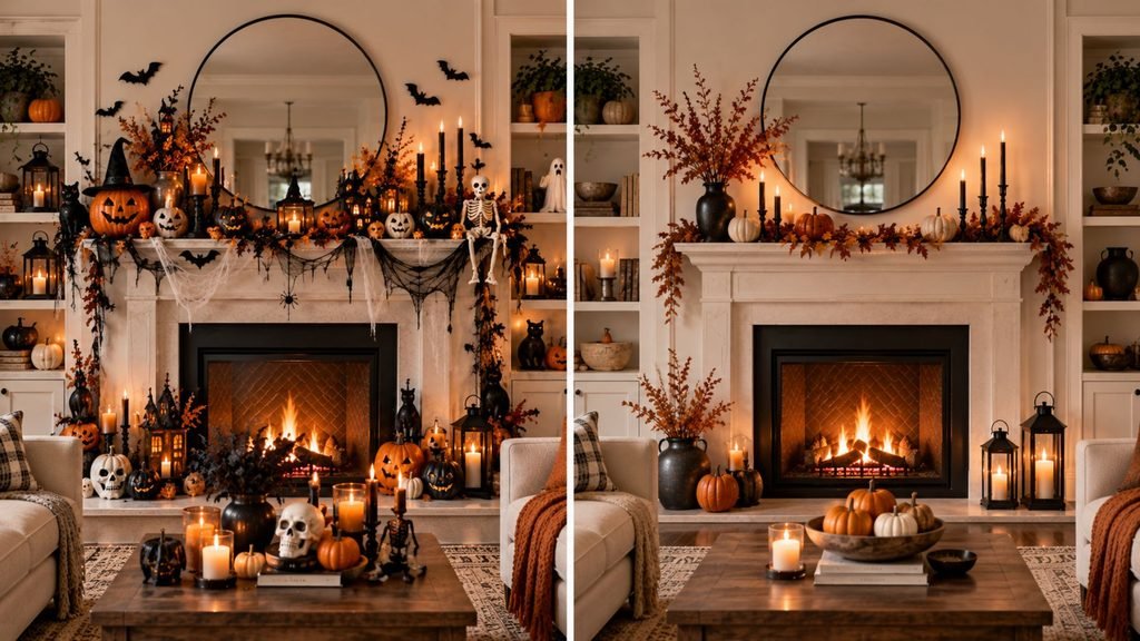Comparison of the same living room mantel with too many competing Halloween objects next to the same mantel edited down to one coherent arrangement