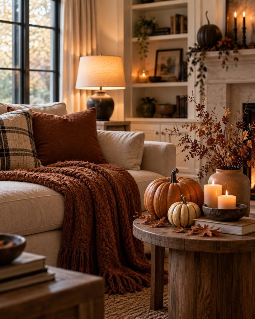 A warm, cozy living room corner styled for Halloween with natural-toned pumpkins, dried botanicals, and candlelight
