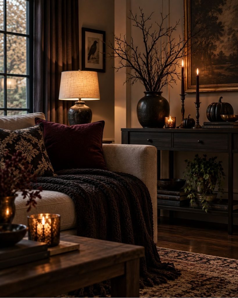 A moody living room corner styled for Halloween with bare black branches, iron candle holders, and a deep burgundy accent cushion