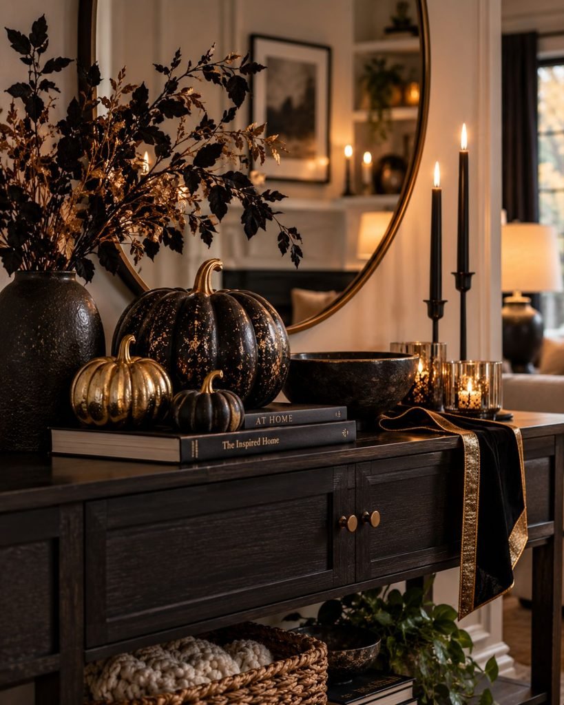 A living room console styled for Halloween with black-and-gold pumpkins, a candle holder, and a ribbon detail