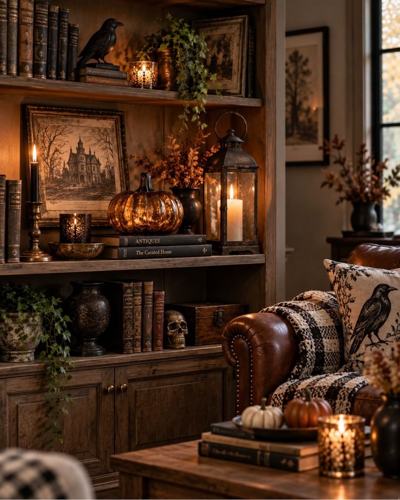 A living room shelf styled with a vintage Halloween feel using an antique-style glass pumpkin and a vintage lantern