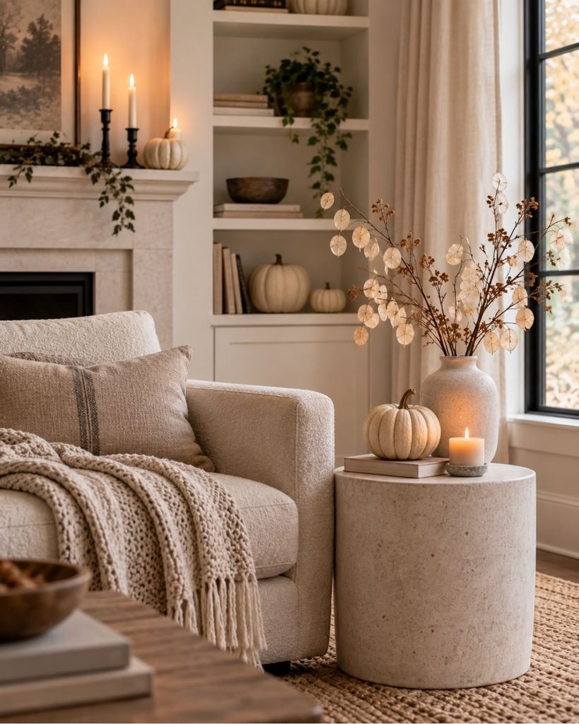 A neutral, minimalist living room corner styled for Halloween with white pumpkins and a single dried botanical stem