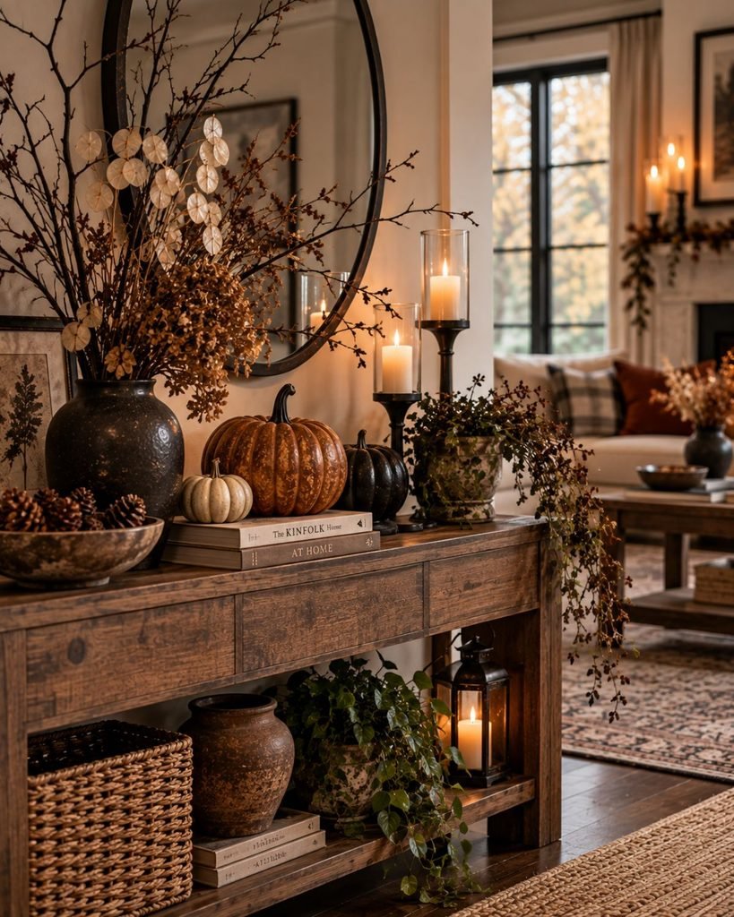 A living room console styled for Halloween with dried lunaria, bare branches, and a bundle of dried herbs