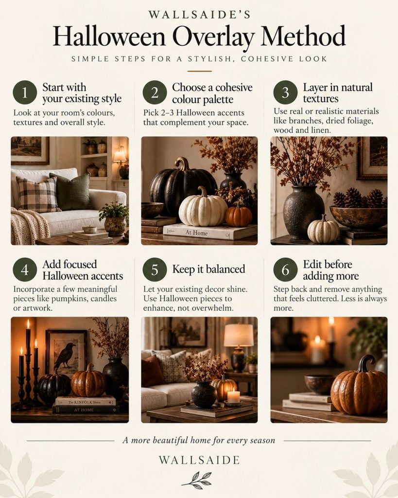 Infographic listing Wallsaide's six-step Halloween Overlay Method, from starting with the room's existing palette to editing before adding more