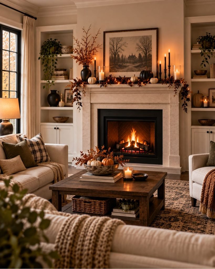 A living room mantel styled as the sole Halloween focal point, with the rest of the room left undecorated