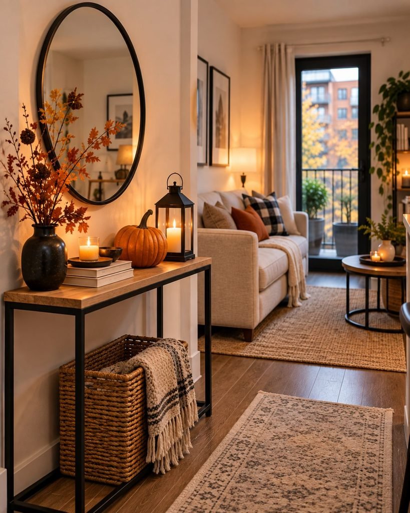 A small apartment living space with a single console styled for Halloween using one pumpkin, a botanical stem, and a candle