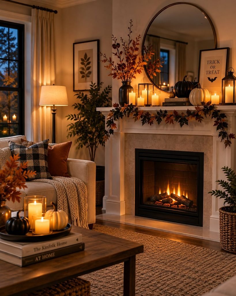 A living room in the evening lit by grouped flameless candles on a mantel, positioned safely away from fabric