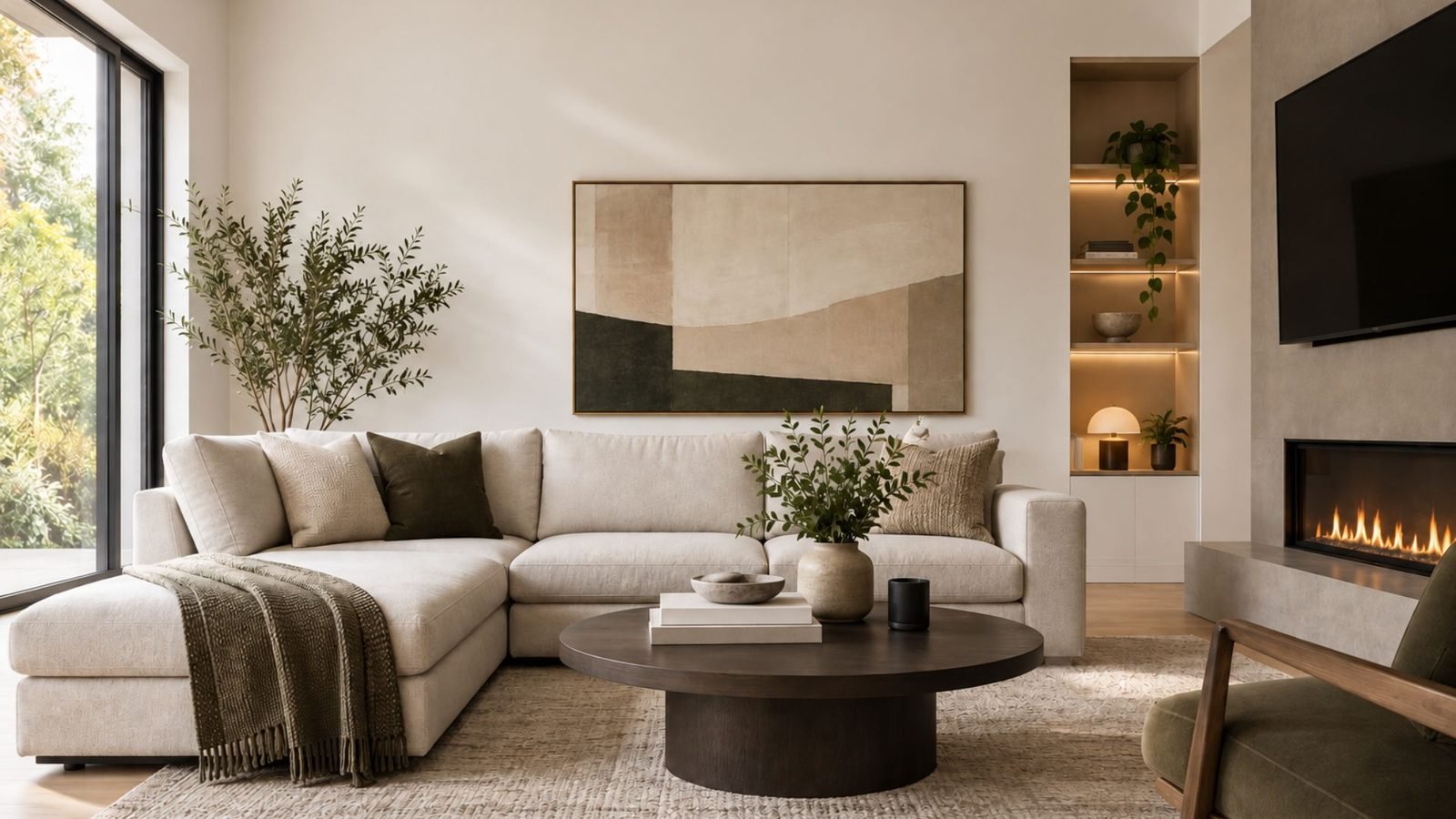 Modern living room ideas with a low-profile sofa, warm oak coffee table, black metal floor lamp, and visible negative space