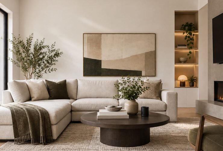 Modern living room ideas with a low-profile sofa, warm oak coffee table, black metal floor lamp, and visible negative space