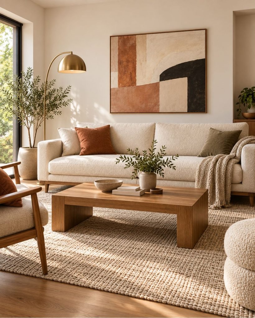 A warm modern living room with honey-toned wood furniture, a cream bouclé sofa, and a brass floor lamp