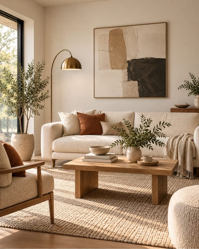 Small modern living room with clean-lined furniture, open floor space, a compact coffee table, and restrained decor
