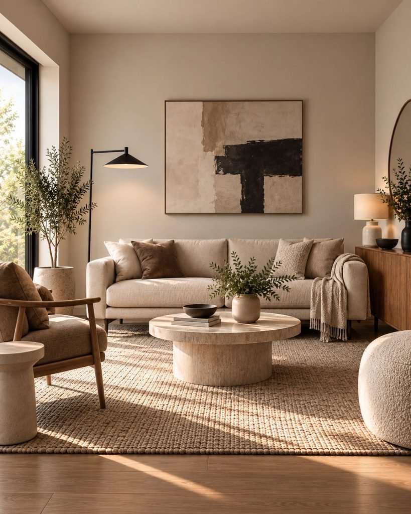 A modern living room built within a warm greige and oatmeal palette, varying in value, with one black accent lamp
