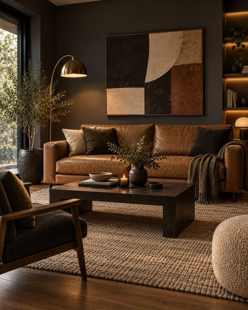 A dark, moody modern living room with charcoal walls, a camel leather sofa, and layered warm lighting