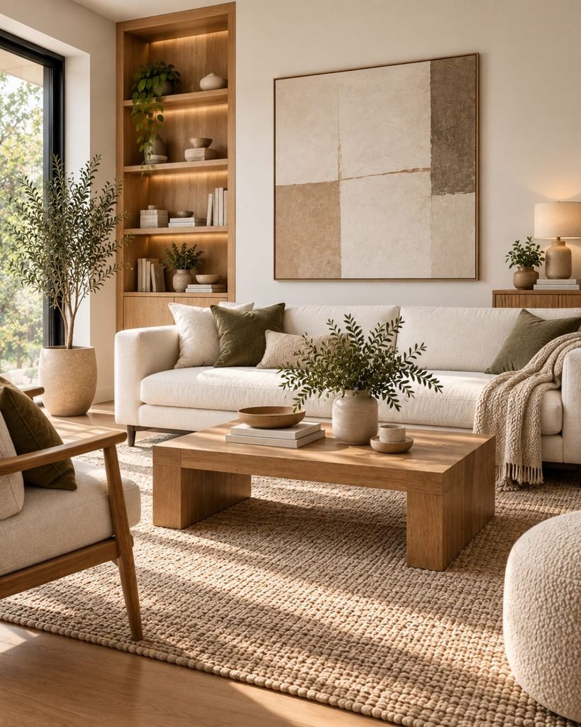 A modern living room with natural oak across the coffee table, console, and shelving, paired with a white sofa