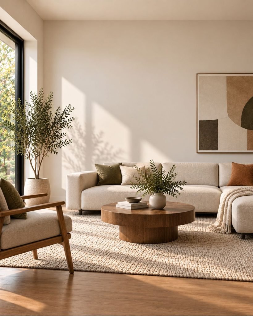 A modern living room with a restrained furniture arrangement and clearly visible open space around each piece