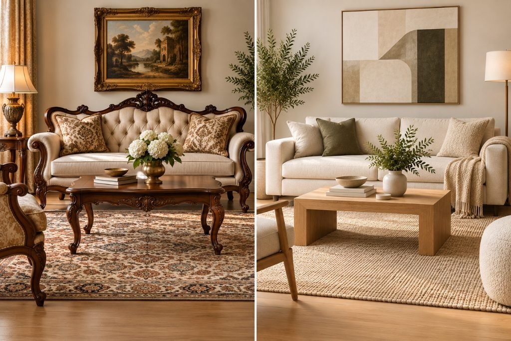 Comparison of an ornate carved armchair and a clean-lined armchair showing how furniture silhouette changes the visual read