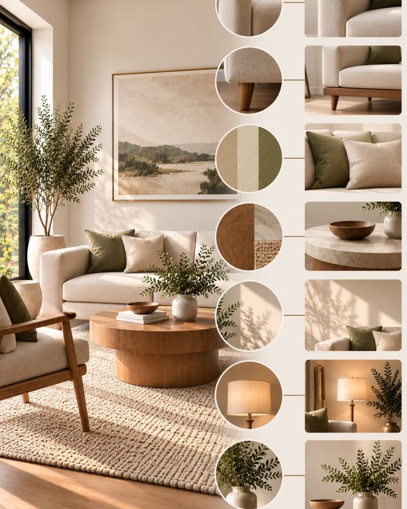 Infographic listing Wallsaide's seven-item modern living room checklist, from line and proportion to selective decoration
