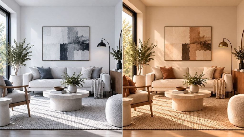 Similar modern compositions can feel very different once material temperature, texture, and lighting change.