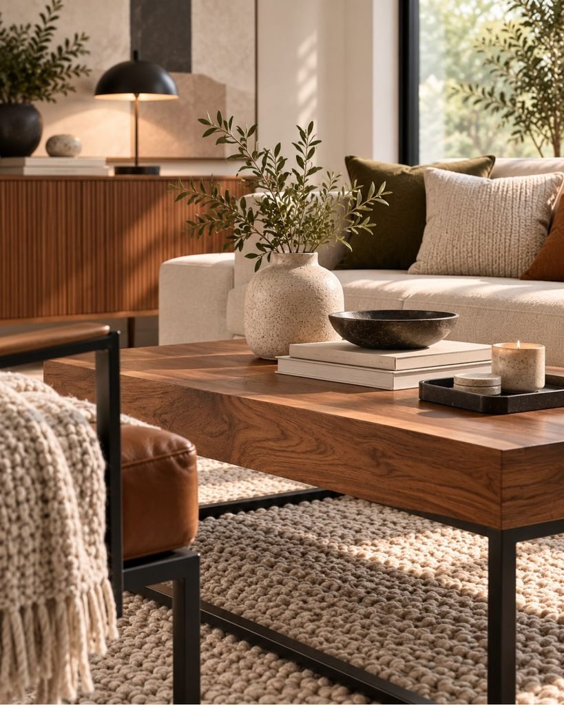 A close vignette showing warm wood, black metal, ceramic, and textured wool materials paired together in a modern living room
