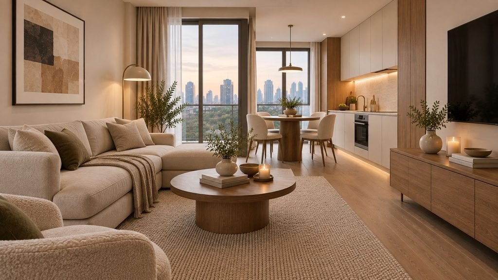 Small luxury minimalist apartment with appropriately scaled furniture, warm neutral materials, and clear circulation