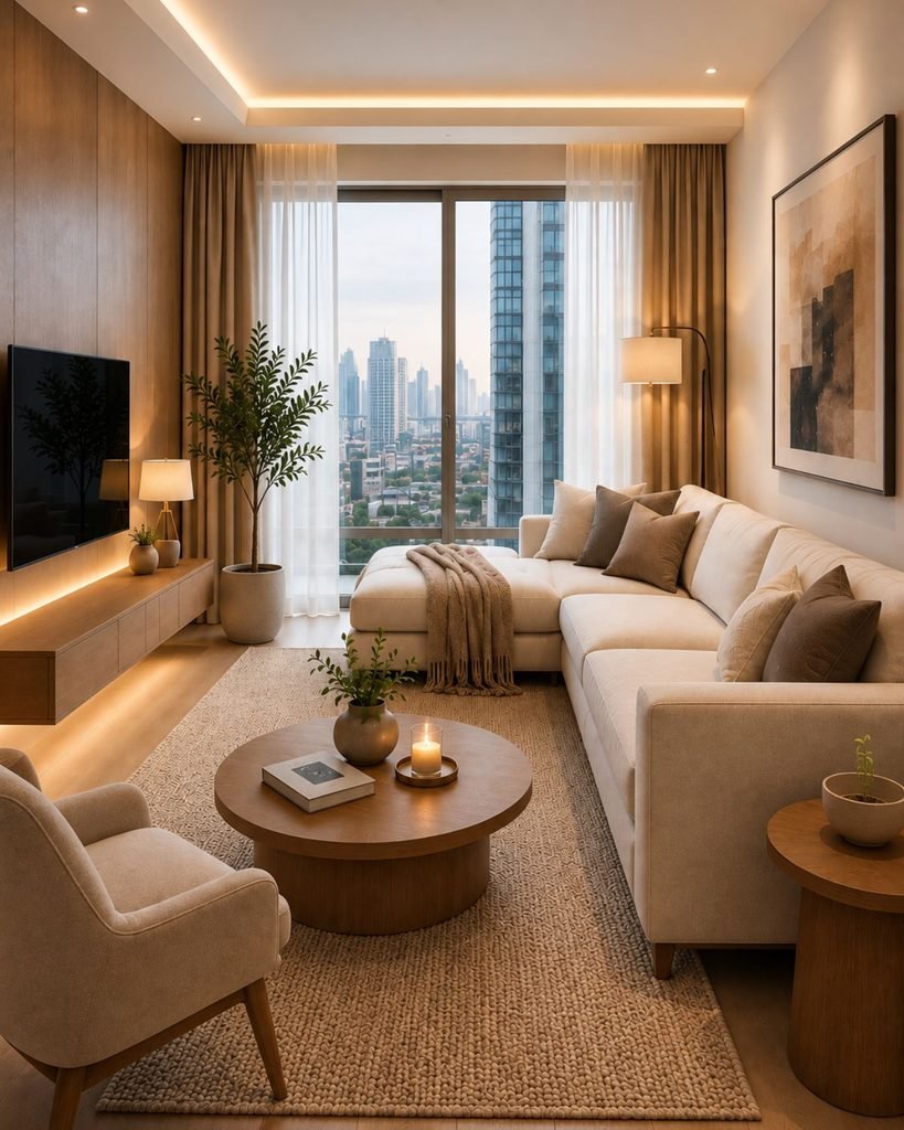 Luxury minimalist apartment ideas shown in a warm neutral living room with wood furniture, layered lighting, and restrained decor