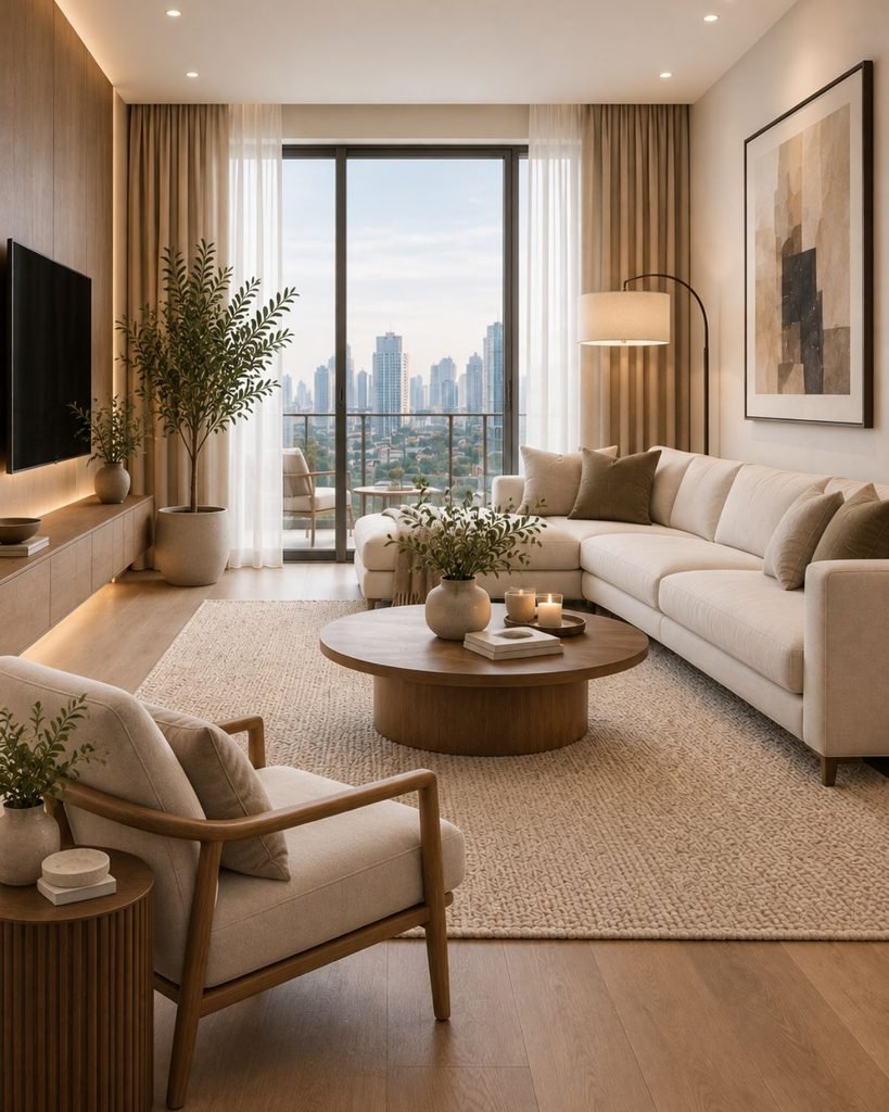 Luxury minimalist living area with a few well-proportioned furniture pieces and clear circulation space