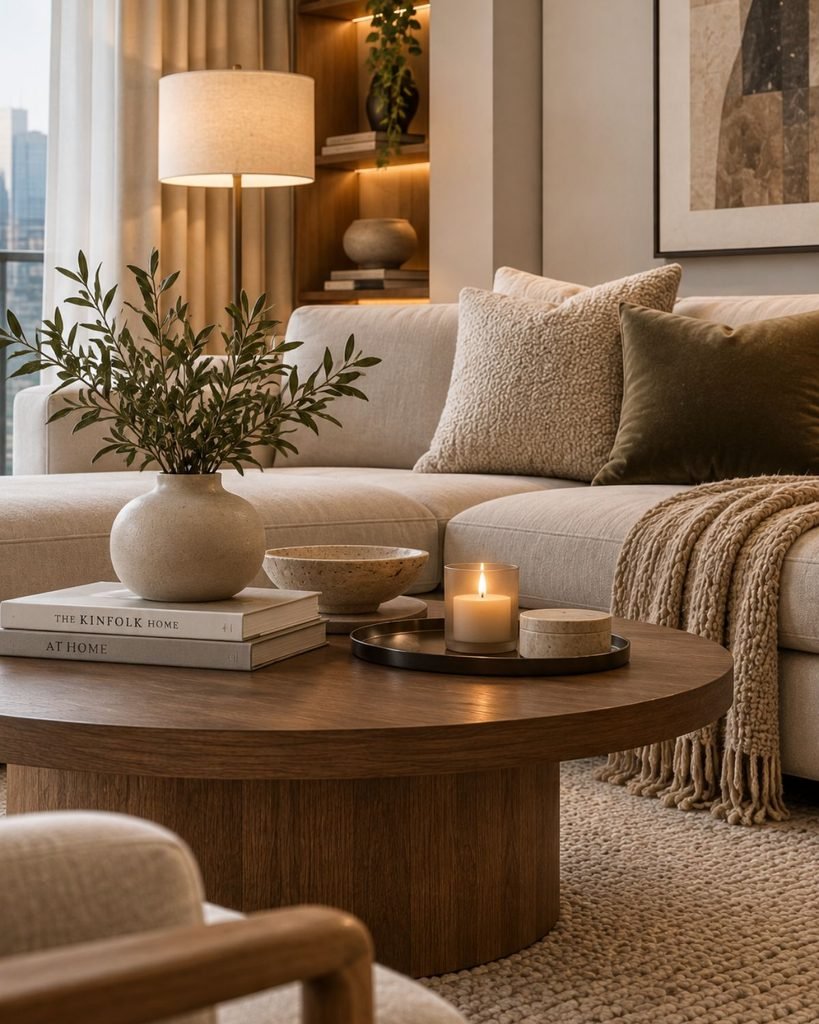 Warm wood, textured upholstery, woven rug, stone, and restrained decor in a luxury minimalist living room