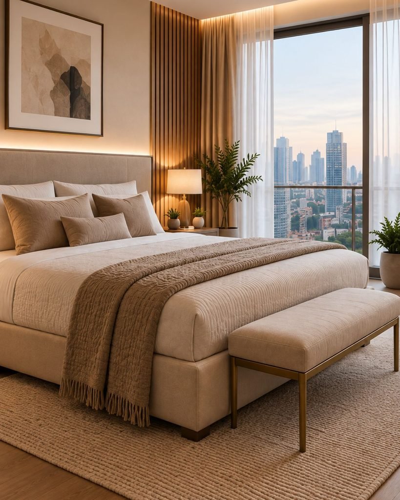 Luxury minimalist bedroom with layered neutral bedding, warm wood details, full-length curtains, and soft bedside lighting