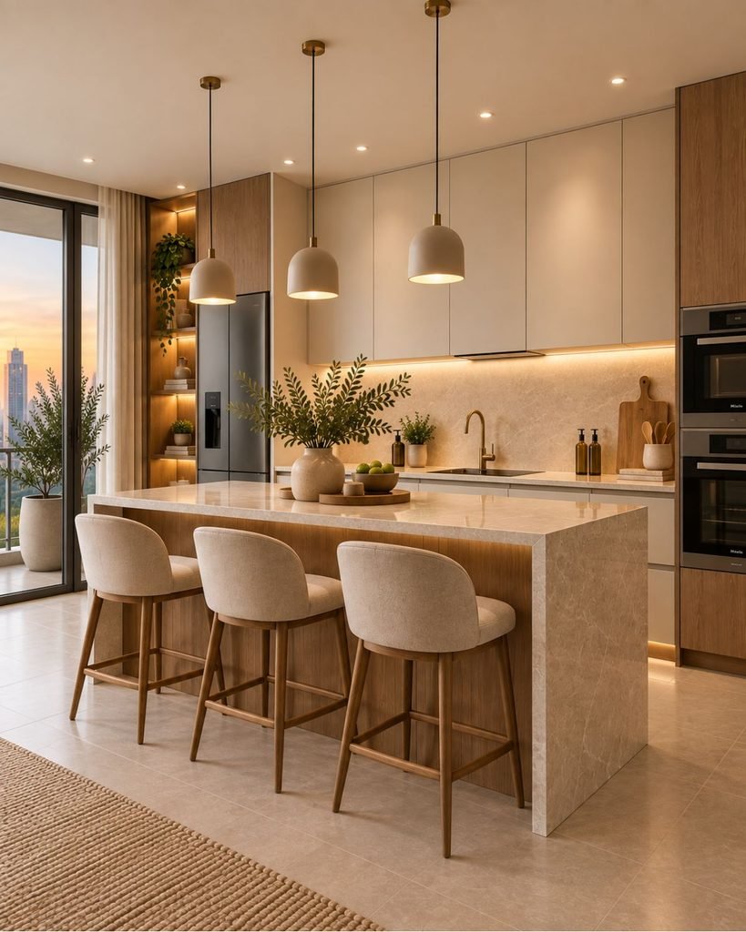 Luxury minimalist apartment kitchen with warm wood cabinetry, pale stone surfaces, brass details, and layered lighting