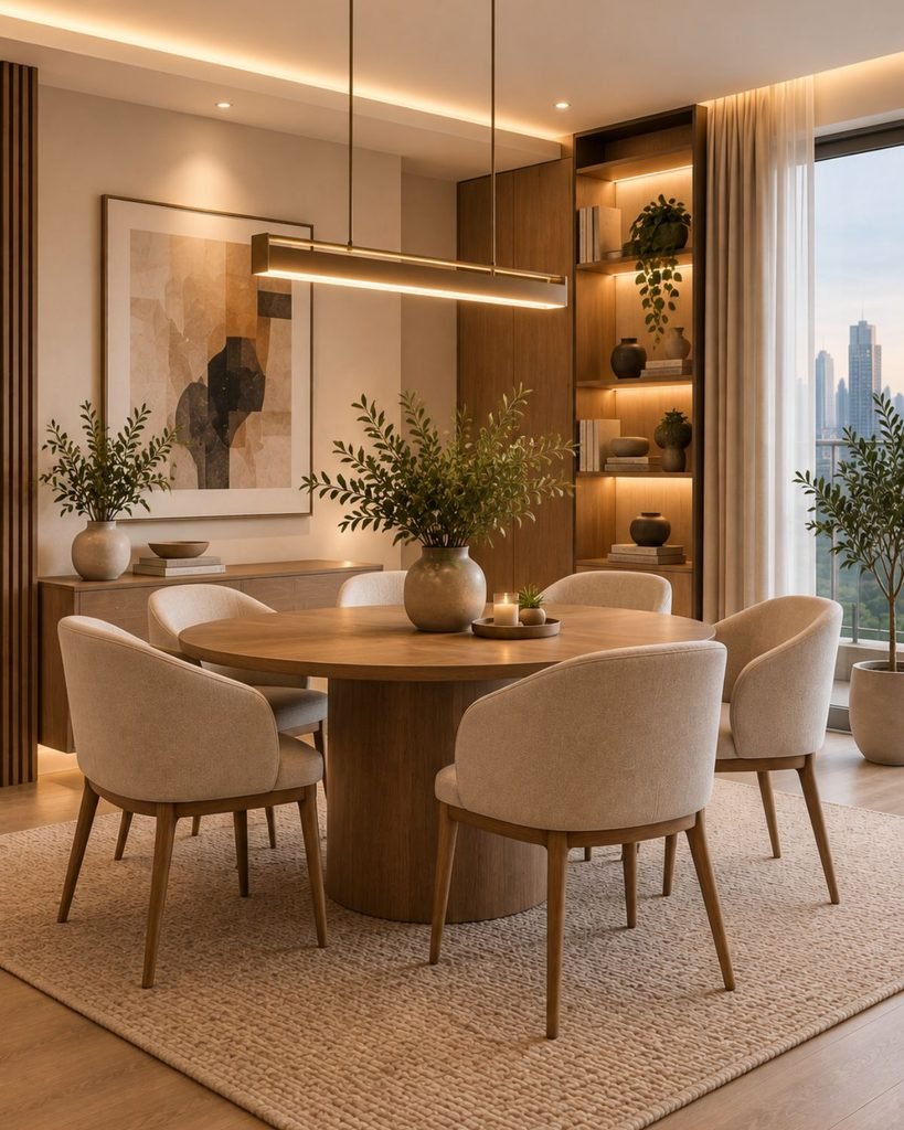 Luxury minimalist dining area with a warm wood table, upholstered chairs, and restrained pendant lighting