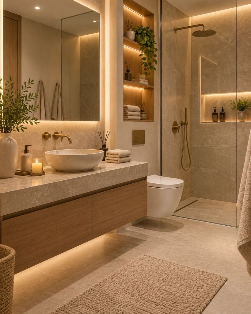 Luxury minimalist bathroom with pale stone, warm wood vanity, large mirror, and restrained lighting
